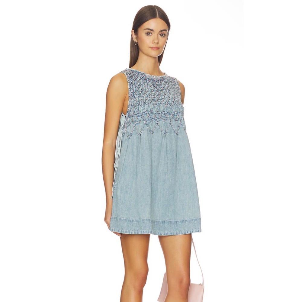 Free People Denim Mini Dress Womens XS Blue Excellent Smocked Side Tie Boho